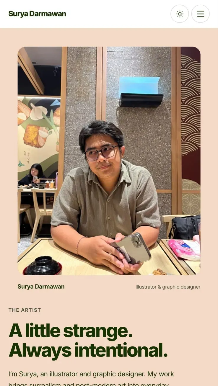 Surya Darmawan portfolio about page on a phone