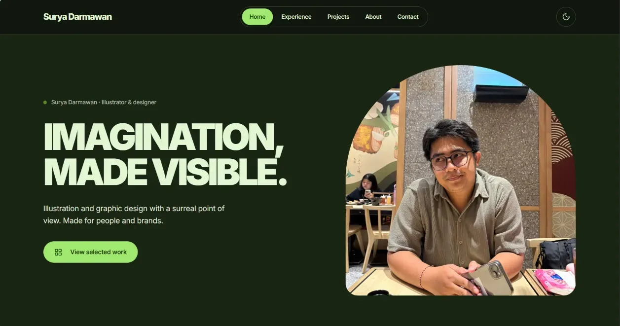 Surya Darmawan portfolio homepage in the dark theme
